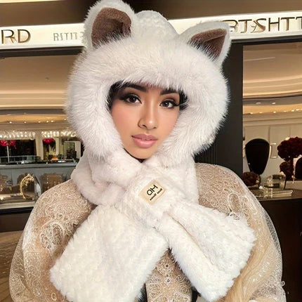 Cozy Animal Plush Hooded Scarf with Adorable Ears for Women