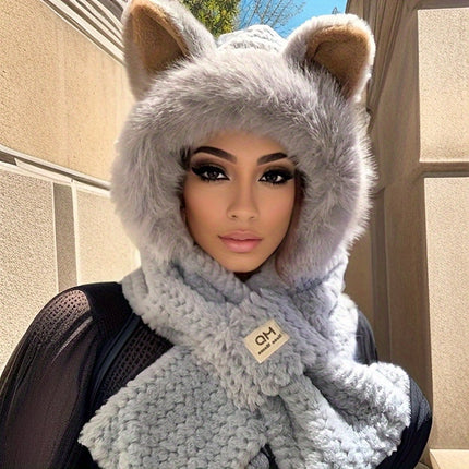 Cozy Animal Plush Hooded Scarf with Adorable Ears for Women