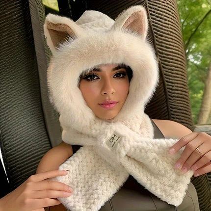 Cozy Animal Plush Hooded Scarf with Adorable Ears for Women