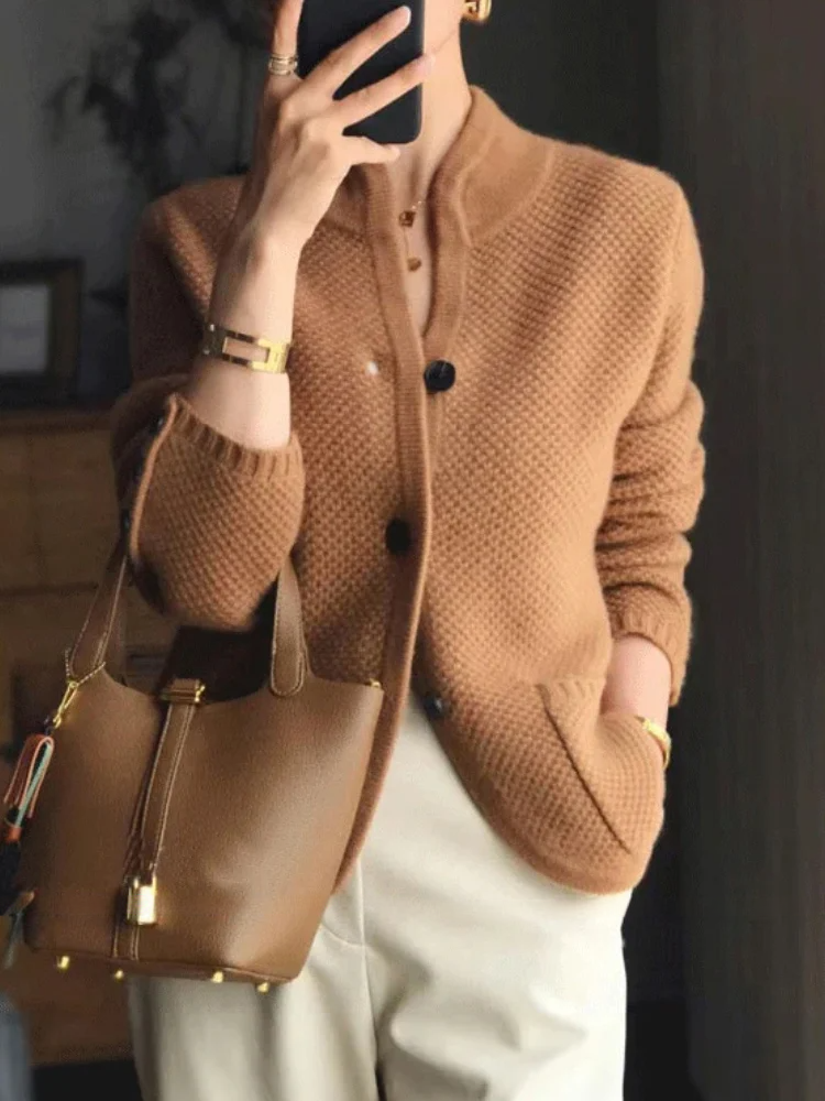 Cozy Knit High Collar Cardigan For Women